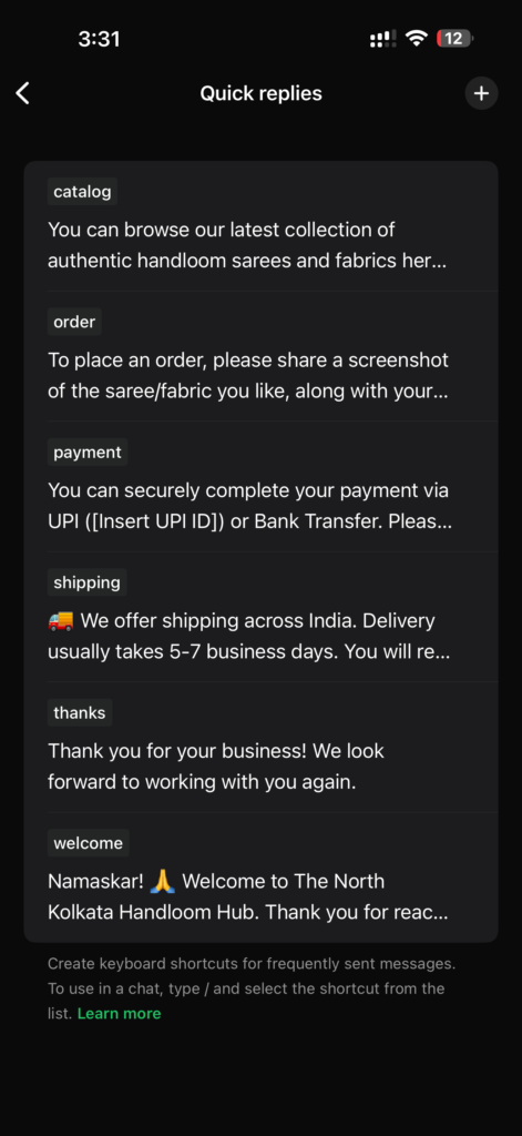 WhatsApp quick reply feature for small business