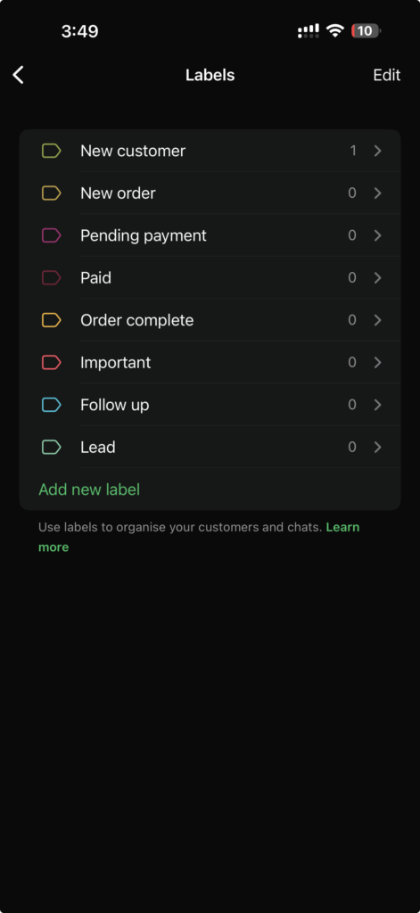 WhatsApp Business labels feature for small business
