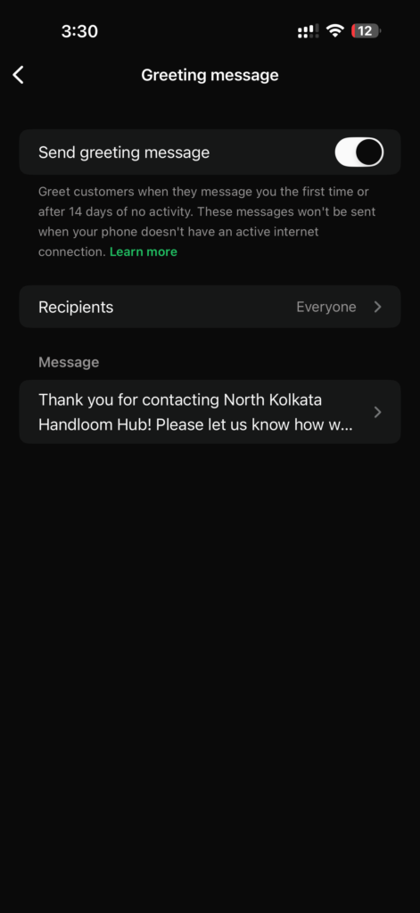 WhatsApp greeting message feature for small business